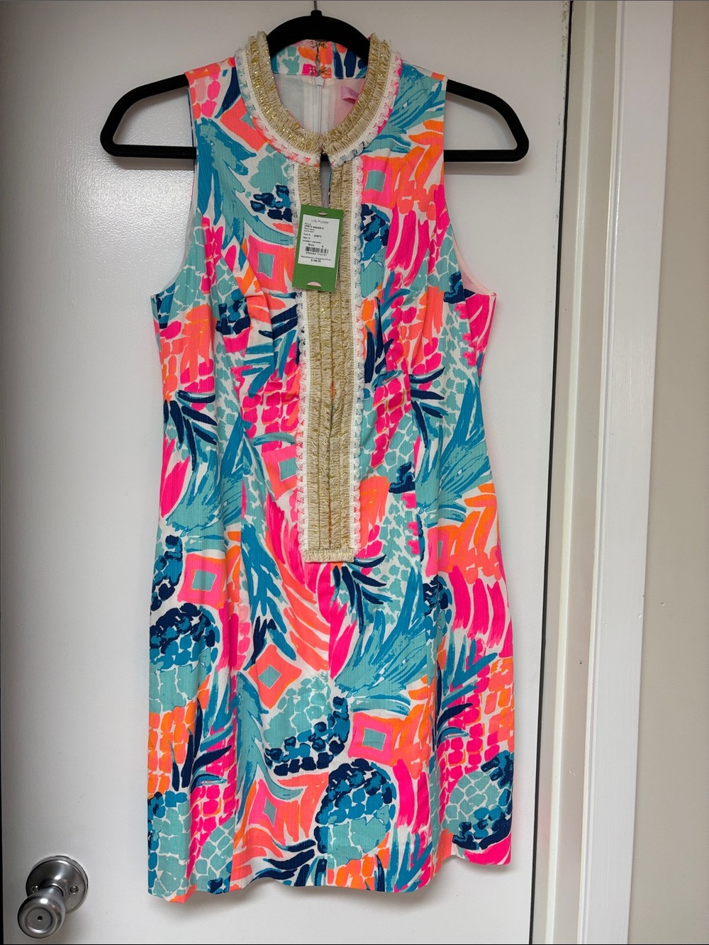 Sleeveless Tropical Print Shift Dress in Teal, Pink & Orange